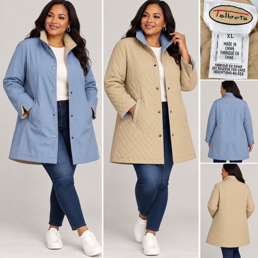 Talbots Reversible Quilted Jacket XL Beige Blue Diamond Quilt Snap Front Coat